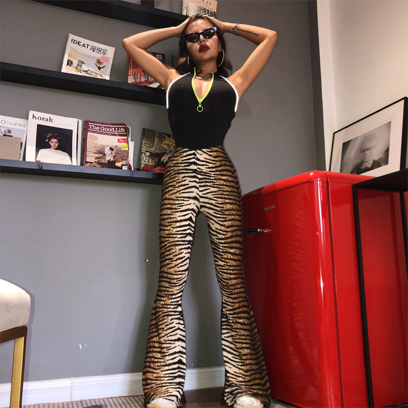Women’s High-Waisted Leopard Print Flare Pants – Cotton Blend Stretch Bell-Bottom Trousers, S–XXL