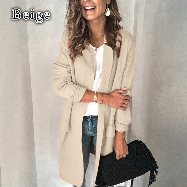 Women’s Casual Long-Sleeve Blazer – Solid Color Suit Collar Jacket with Faux Pockets, S–3XL