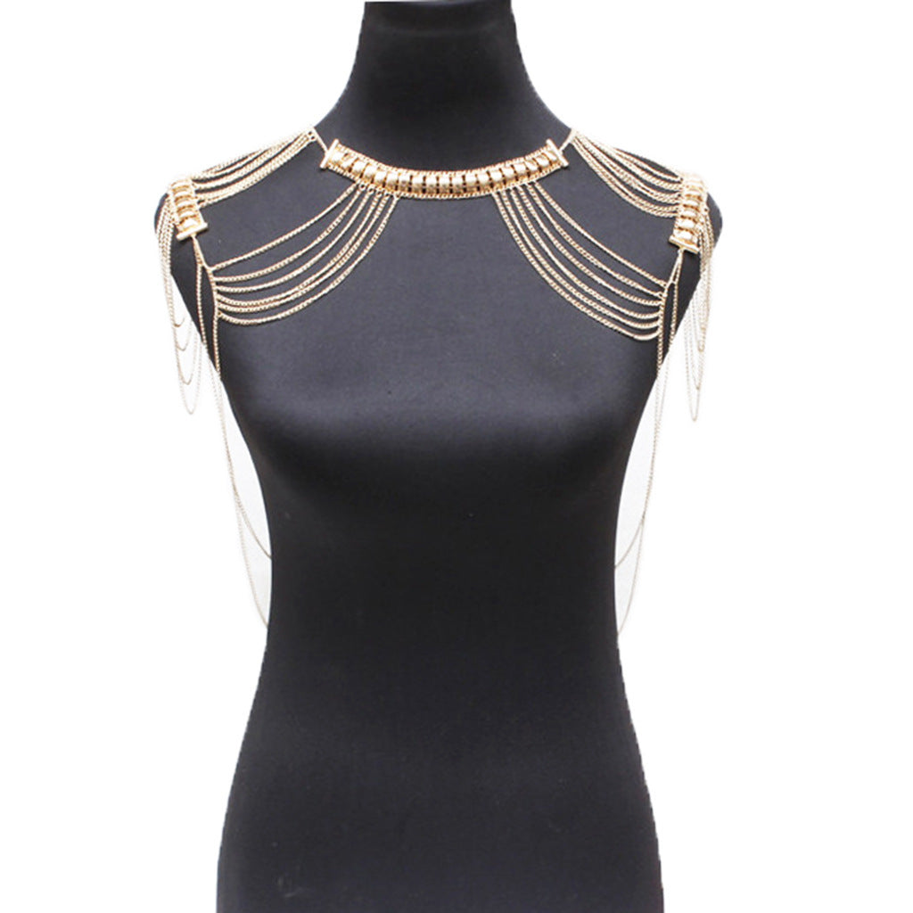 Women’s Exaggerated Metal Fringe Body Chain – Multi-Layer Tassel Shoulder Necklace, Gold & Silver