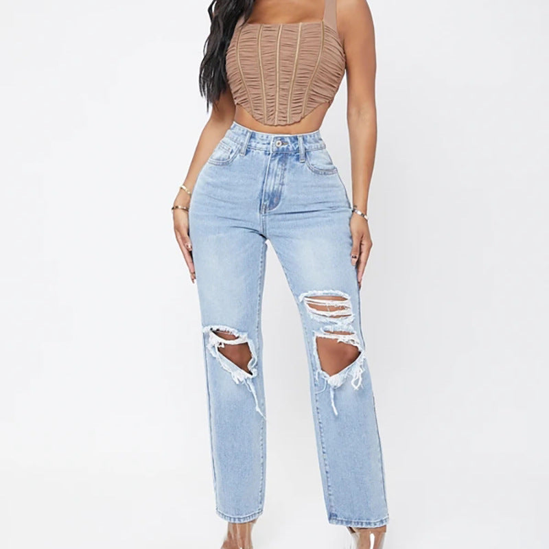 Women’s Fashionable High-Waist Washed Jeans – Premium Cotton Straight-Leg Light Blue Denim, S–2XL