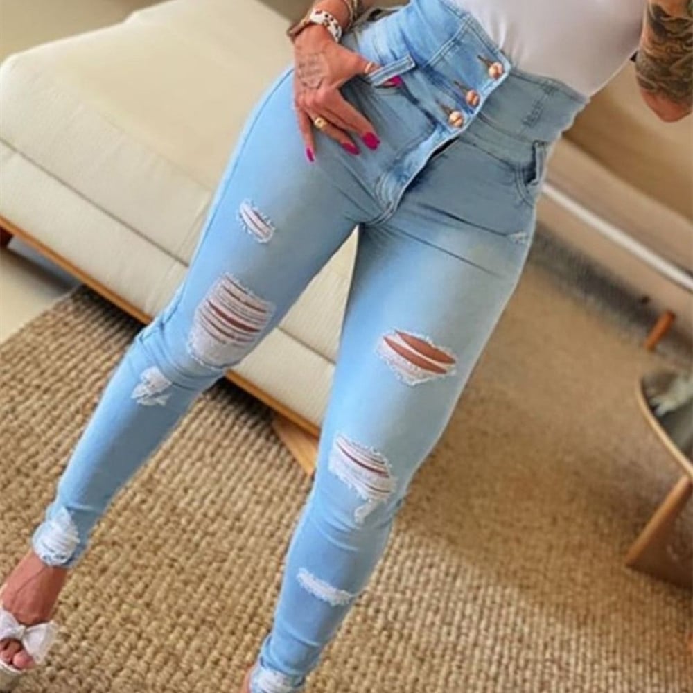 Women’s Slim High-Waist Ripped Skinny Jeans – Cotton-Blend Stretch Denim in Black, Navy & Light Blue, S–2XL