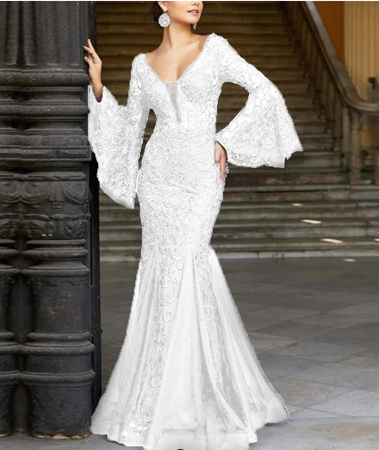 Women's Elegant Mermaid Evening Gown – V-Neck Embroidered Formal Dress