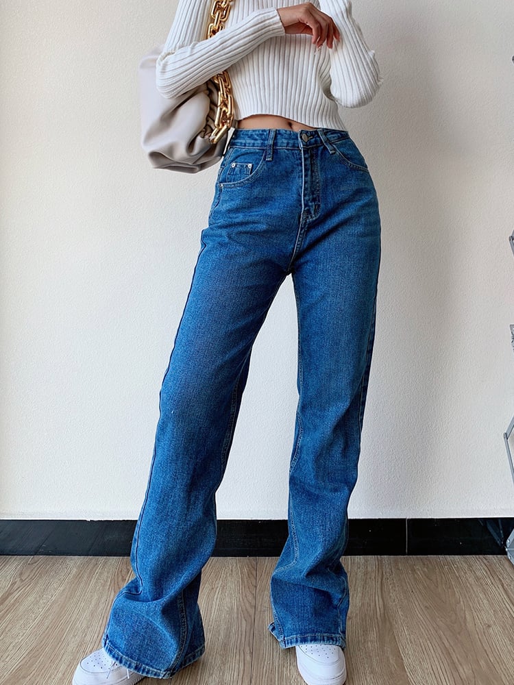 Women’s Loose Straight-Leg Jeans with Back Slit – High-Waist Navy Blue & Black Denim, XS–L
