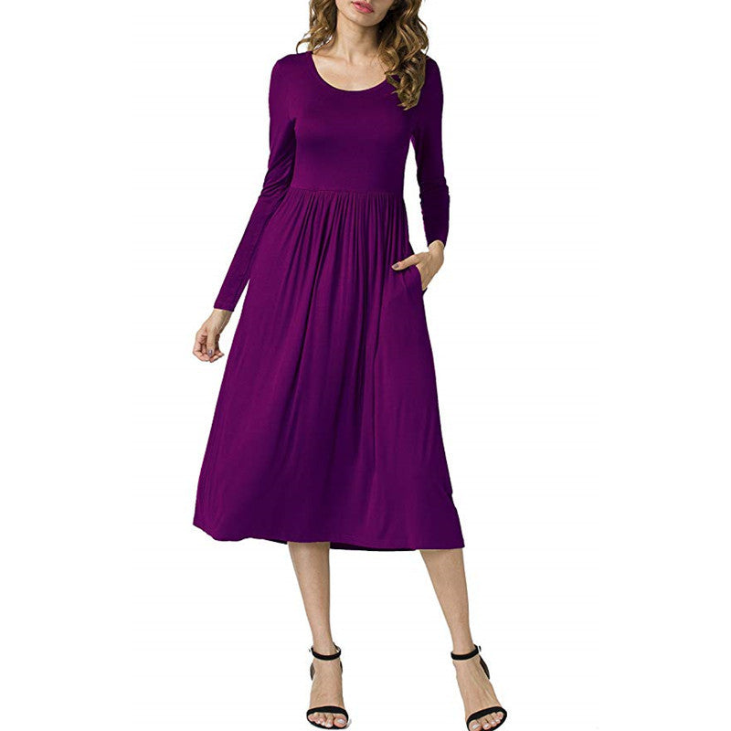 Women’s Long Sleeve A-Line Dress – Elegant Round Neck Solid Color Dress