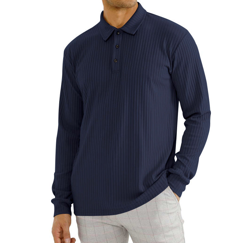 Men’s Vertical Stripe Long Sleeve Polo Shirt – Loose Fit Casual Lapel Top, S–3XL