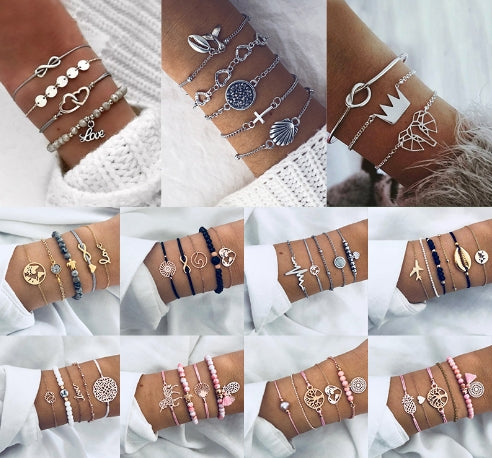 Women’s Beaded Heart Chain Bracelet Set – Colorful Layered Fashion Jewelry