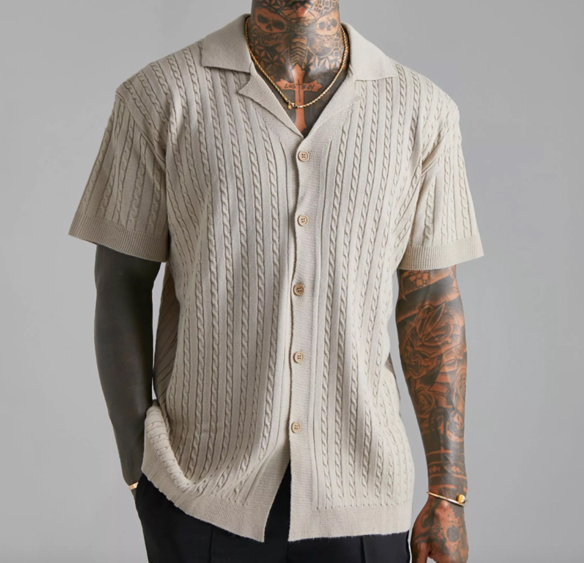 Men’s Short-Sleeved Knitted Button-Up Shirt – USA
