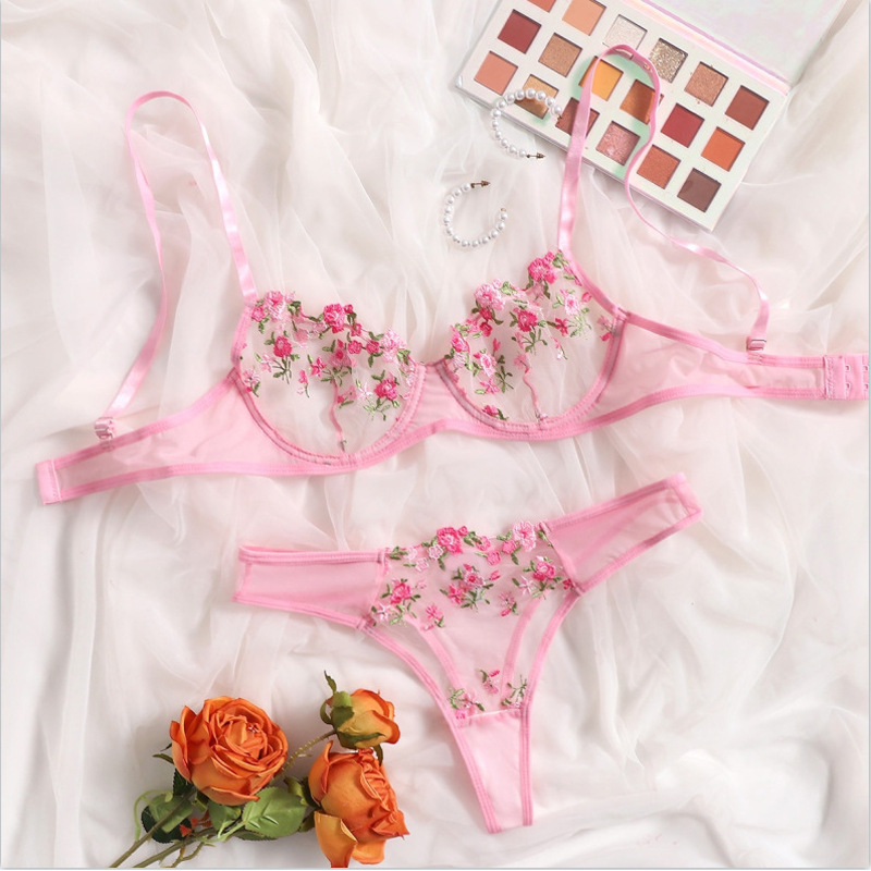 Women’s Low-Waist Lace Embroidered Bra Set – Elegant Matching Lingerie