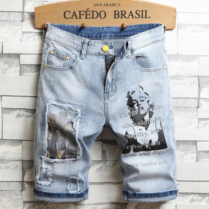 Men’s Stretch Denim Embroidered Five-Point Shorts – Casual Summer Shorts