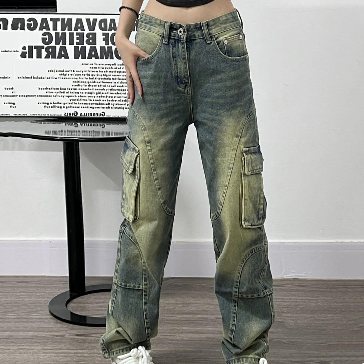 Women’s Deconstructed Washed Wide-Leg Jeans – High-Quality Blue Denim with Pocket Details, S–XL