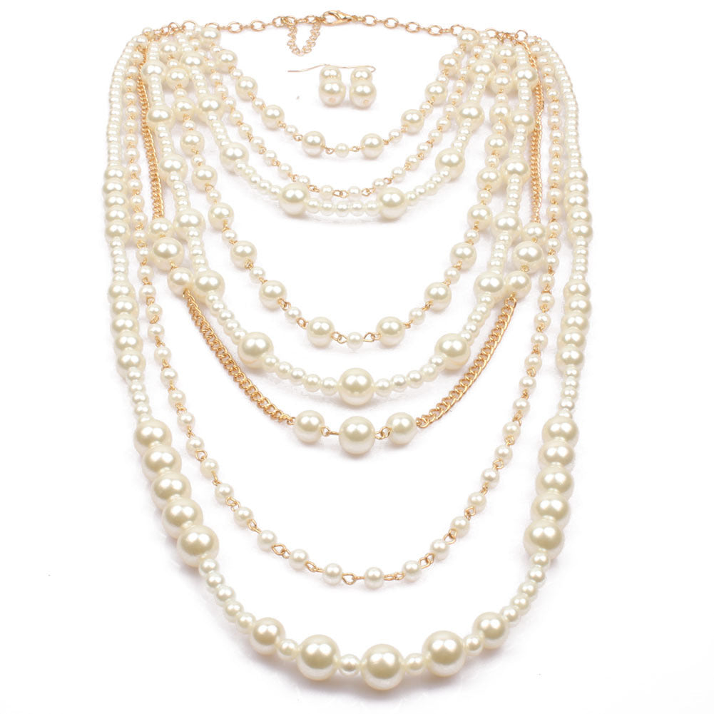 Women’s Handcrafted Multi-Layer Pearl Necklace – Elegant White Statement Jewelry, 46cm + 8cm Extension