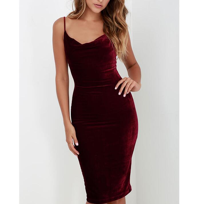 Velvet Cami Cocktail Dress for Women – Elegant V-Neck Midi Party Dress