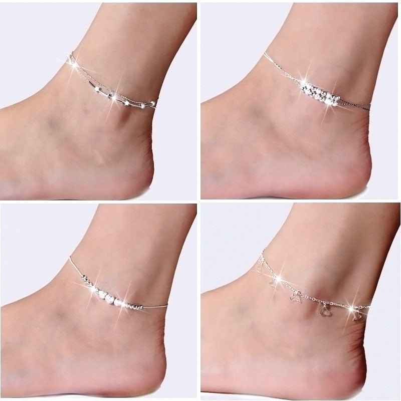 Silver Double Layer Star and Heart Charm Anklet