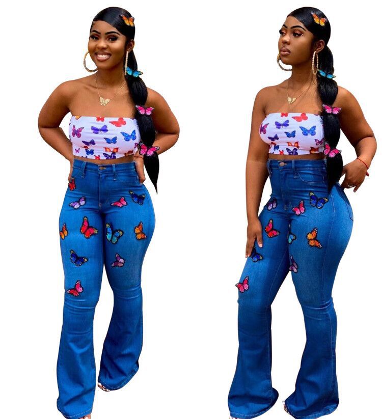 Women’s Embroidered Butterfly Rhinestone Flare Jeans – Blue Wide-Leg Statement Denim, S–3XL