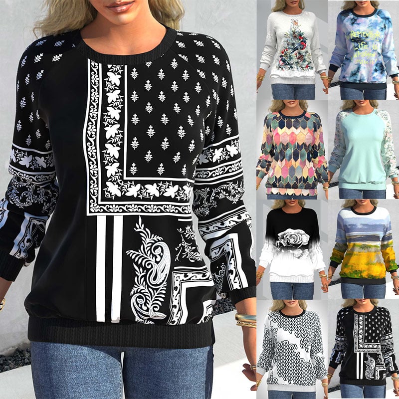 Women’s Digital Print Raglan Sleeve Sweater – Loose-Fit Round Neck Printed Pullover, 3 Colors, S–3XL
