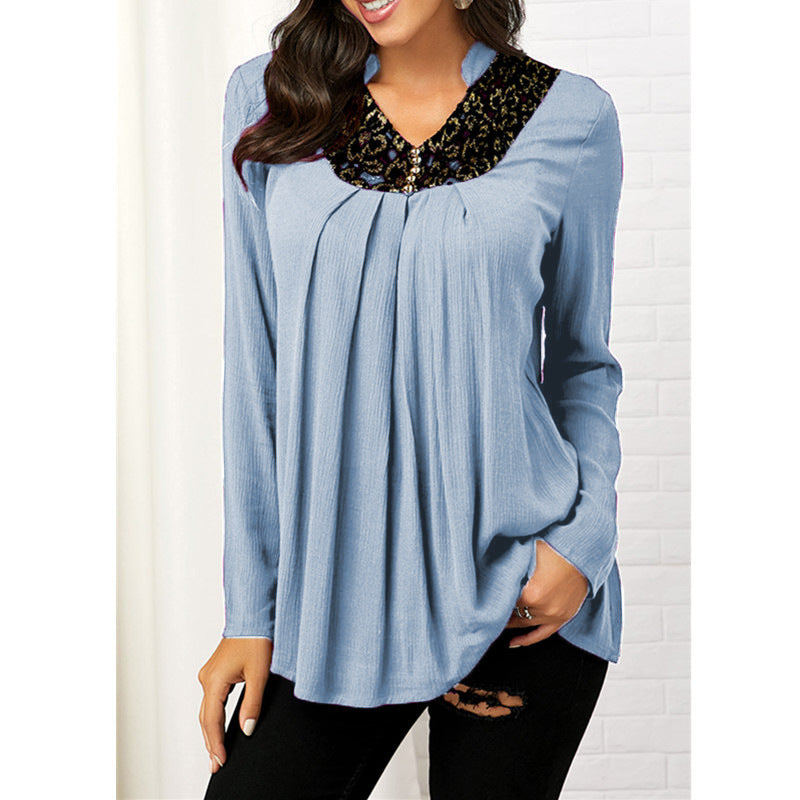Women's V-Neck Floral Print Lace Top – Long Sleeve Slim Fit Blouse