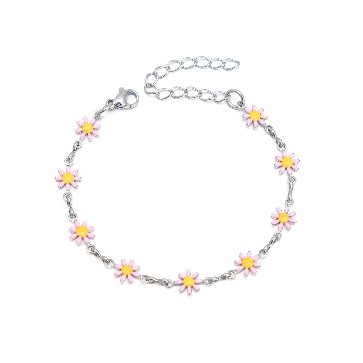 Women’s Silver Flower Bracelet – Korean Style Floral Jewelry in Orange, Pink & White