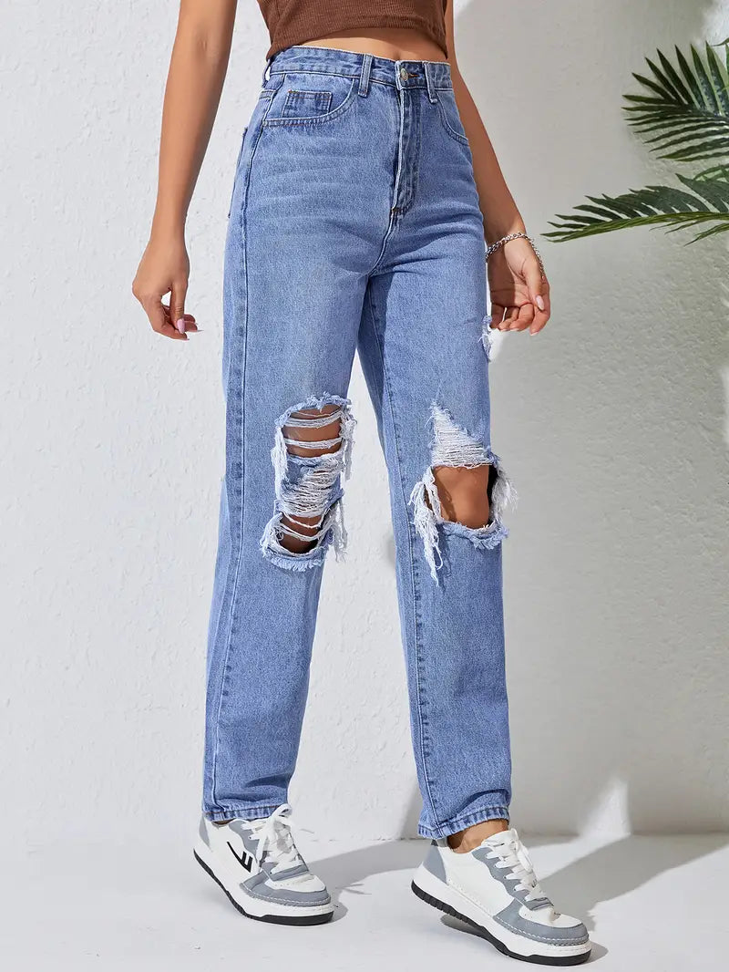 Women’s High-Waist Ripped Straight-Leg Jeans – Distressed Blue Denim, XS–L