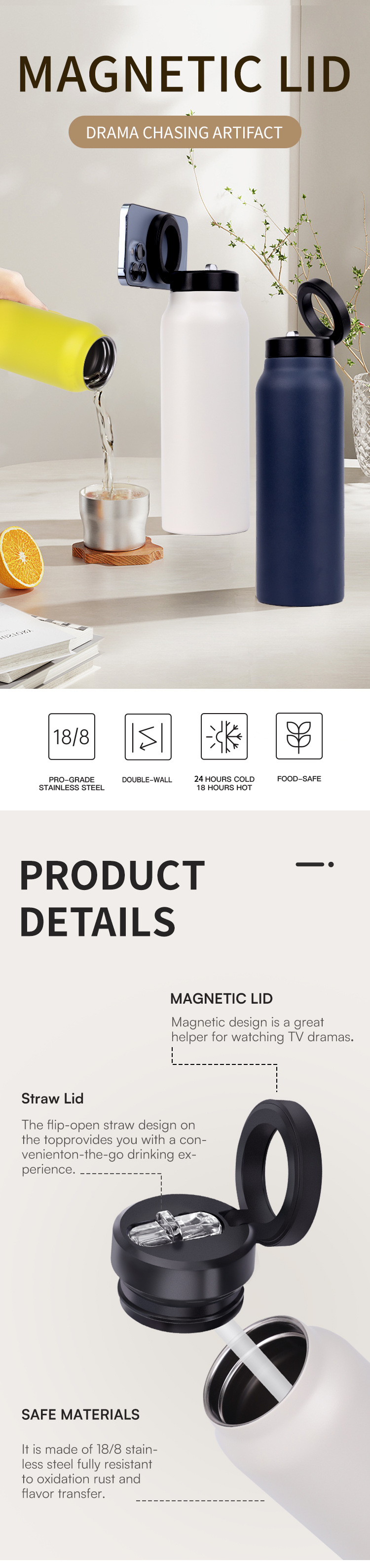 Stainless Steel Water Bottle with Magnetic Lid – Reusable Insulated Travel Bottle