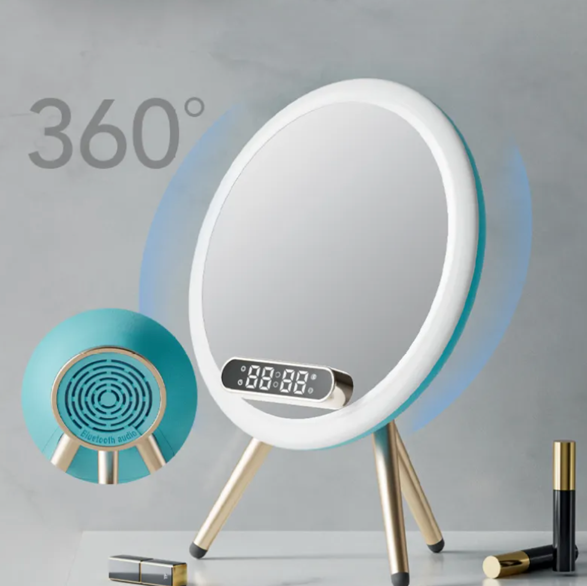 LED Mirror Alarm Clock with Wireless Charger & Bluetooth Speaker