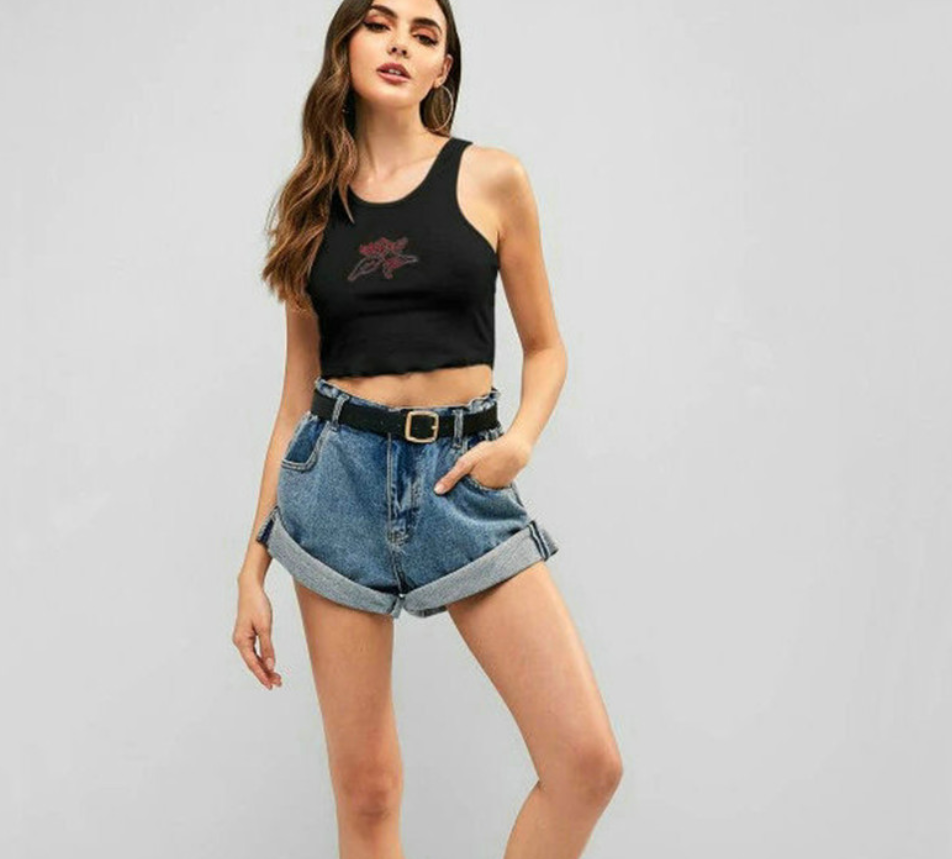 Women’s Embroidered U-Neck Crop Tank Top – Sleeveless Summer Top
