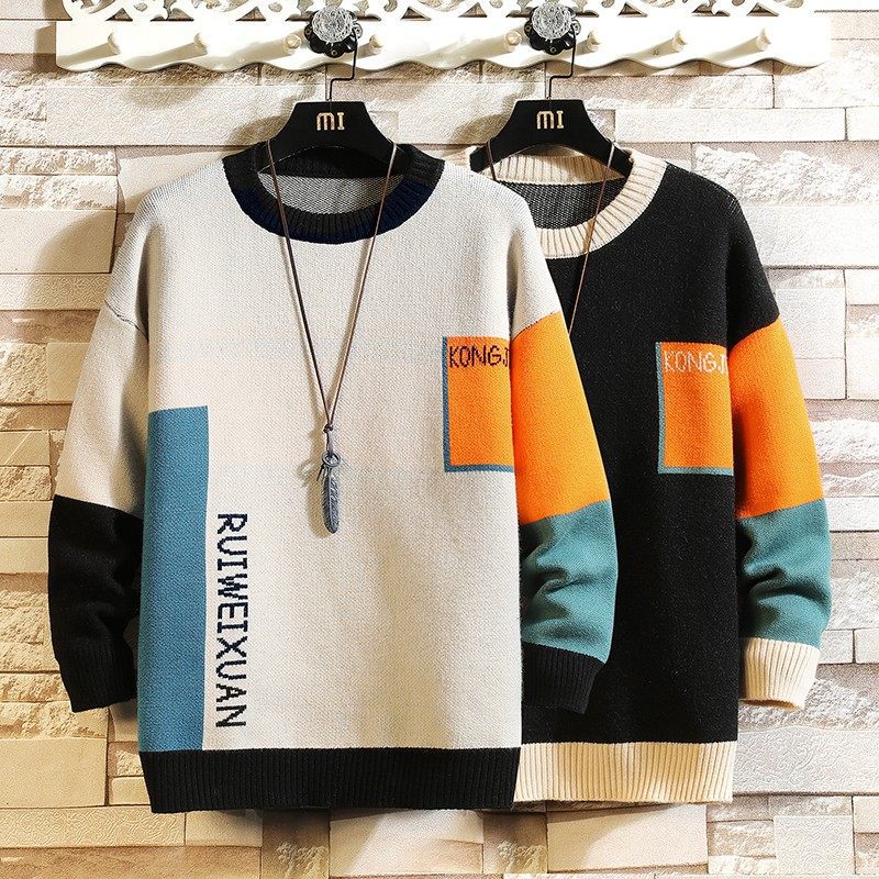 Men’s Contrast Color Oversized Sweater – Korean-Style Loose Knitwear – USA