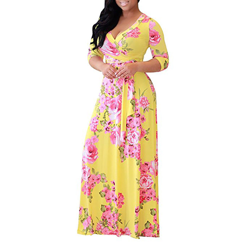 Plus Size Floral Maxi Dress – Women’s V-Neck Tie-Waist Summer Dress S–5XL