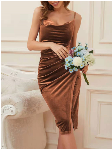 Velvet Cami Cocktail Dress for Women – Elegant V-Neck Midi Party Dress