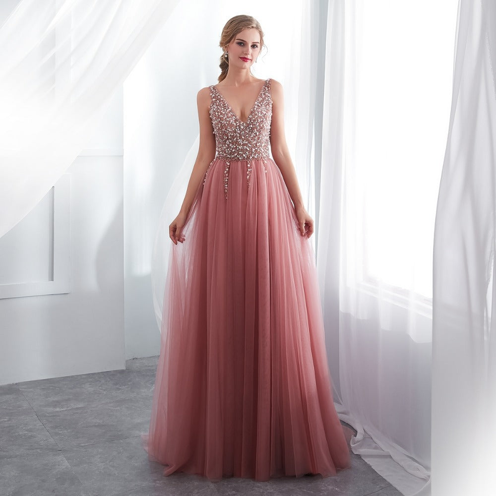 Women’s V-Neck Tulle Evening Gown – Elegant Floor-Length Formal Dress S–XXL