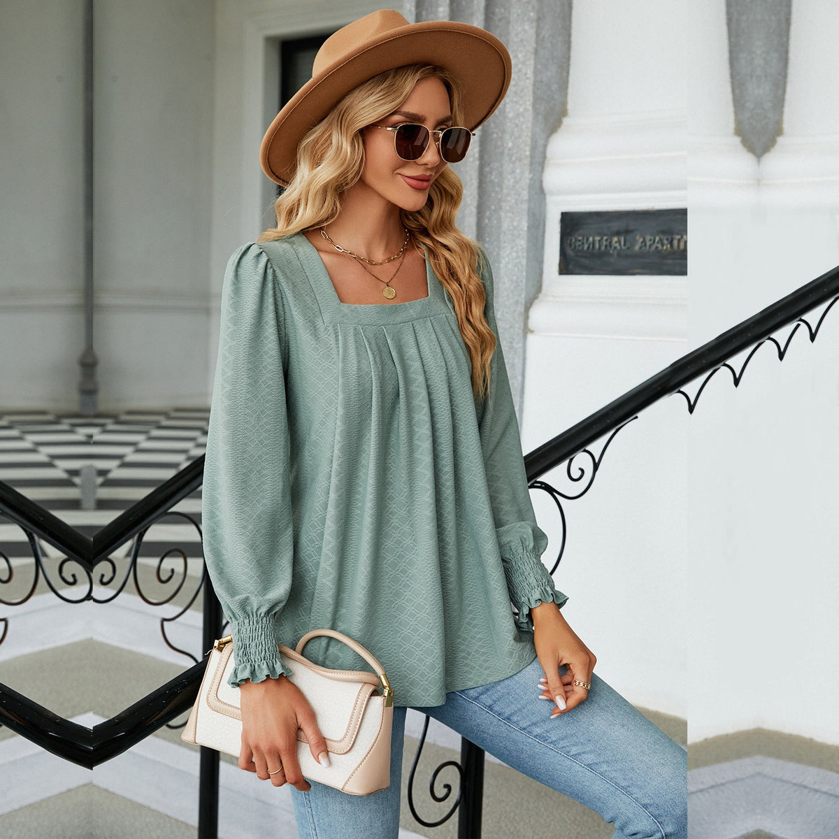 Jacquard Pleated Long-Sleeve Square Neck T-shirt for Women