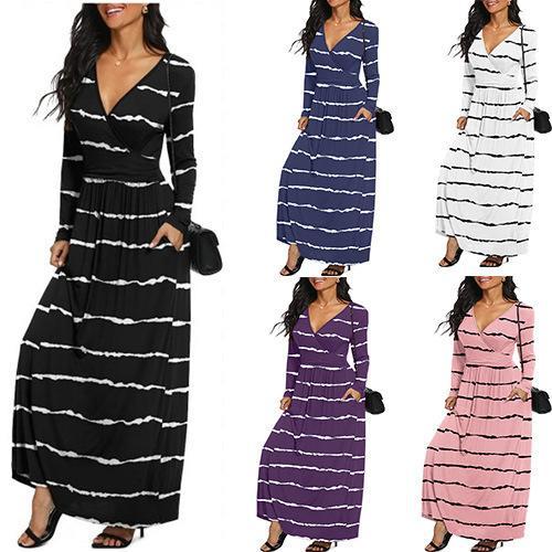 Women’s Geometric Striped Long Dress – Flowing Polyester Casual Maxi Dress, S–5XL