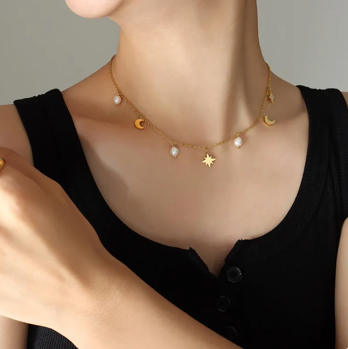 Women’s Star & Moon Tassel Necklace – Gold Titanium Steel Celestial Jewelry