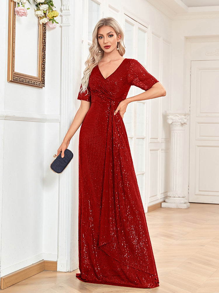 V-Neck Sequin Fishtail Short Sleeve Dress for Women – Elegant Party Evening Dress