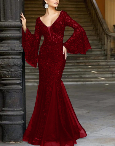 Women's Elegant Mermaid Evening Gown – V-Neck Embroidered Formal Dress