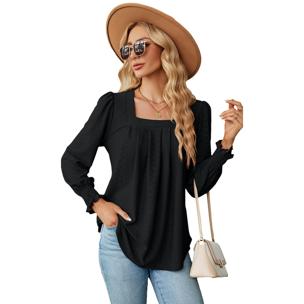 Jacquard Pleated Long-Sleeve Square Neck T-shirt for Women