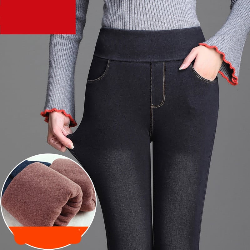 Women’s Velvet High-Rise Elastic Jeans – Warm Stretch Slim-Fit Denim Pants