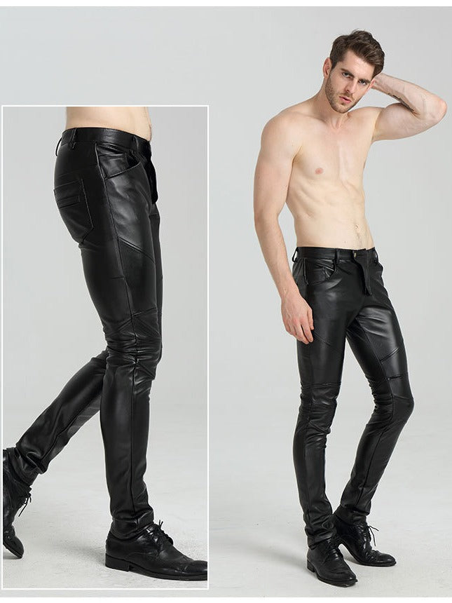 Men’s Slim Fit Spliced Leather Pants – Fashion Biker Trousers