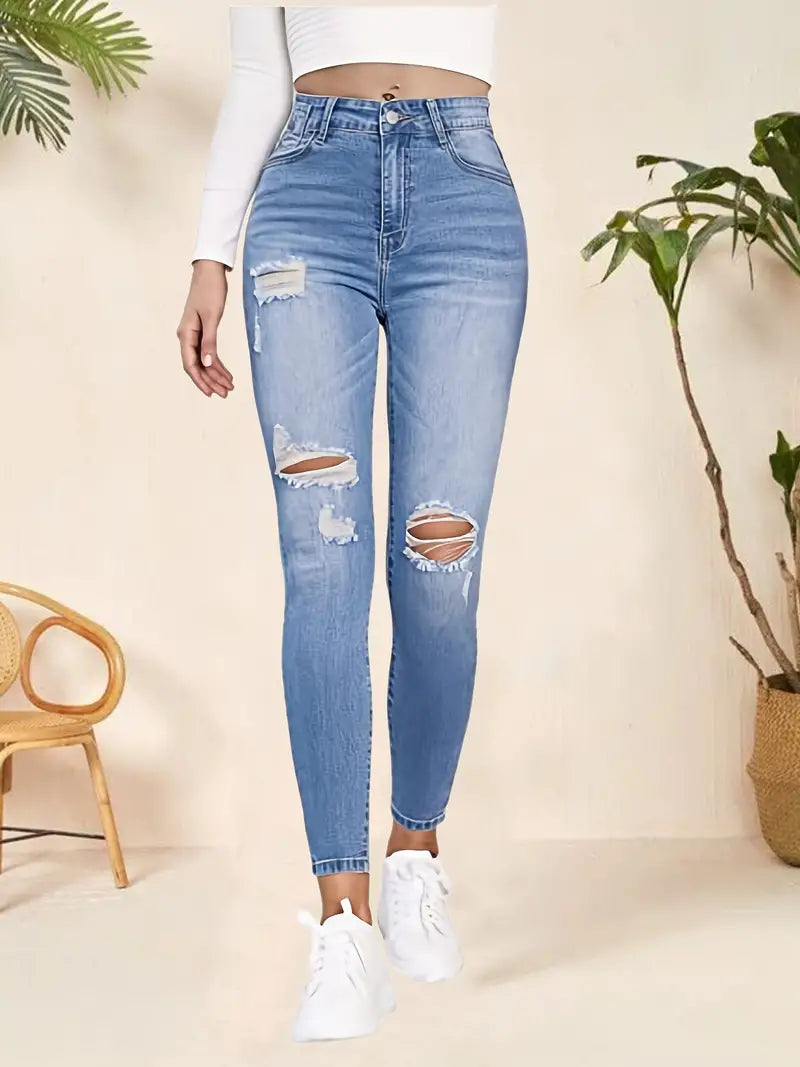 Women’s Light Blue Ripped High-Rise Skinny Jeans – Stretch Cotton Denim, XS–XL