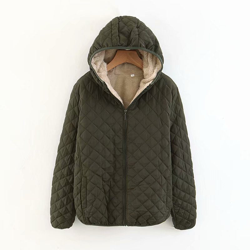 Women’s Plus Size Korean Plaid Fleece Jacket – Hooded Lamb Fleece Winter Coat, 10 Colors, S–3XL