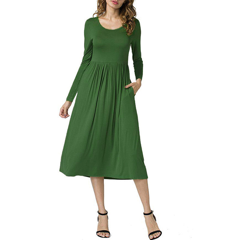 Women’s Long Sleeve A-Line Dress – Elegant Round Neck Solid Color Dress