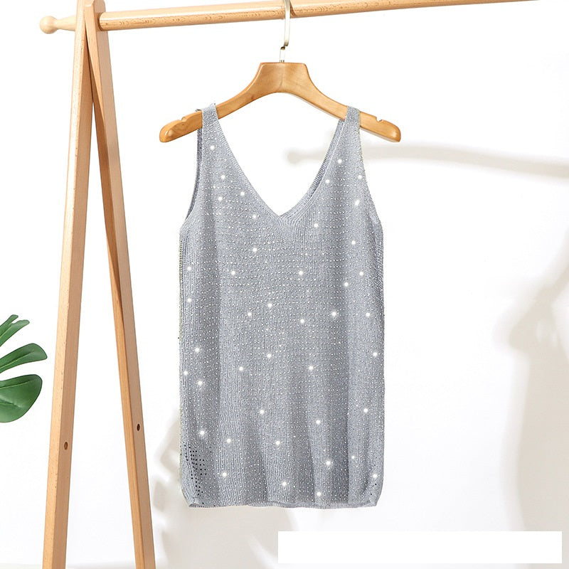 Inlaid Hot Diamond V-neck Knitted T-shirt for Women
