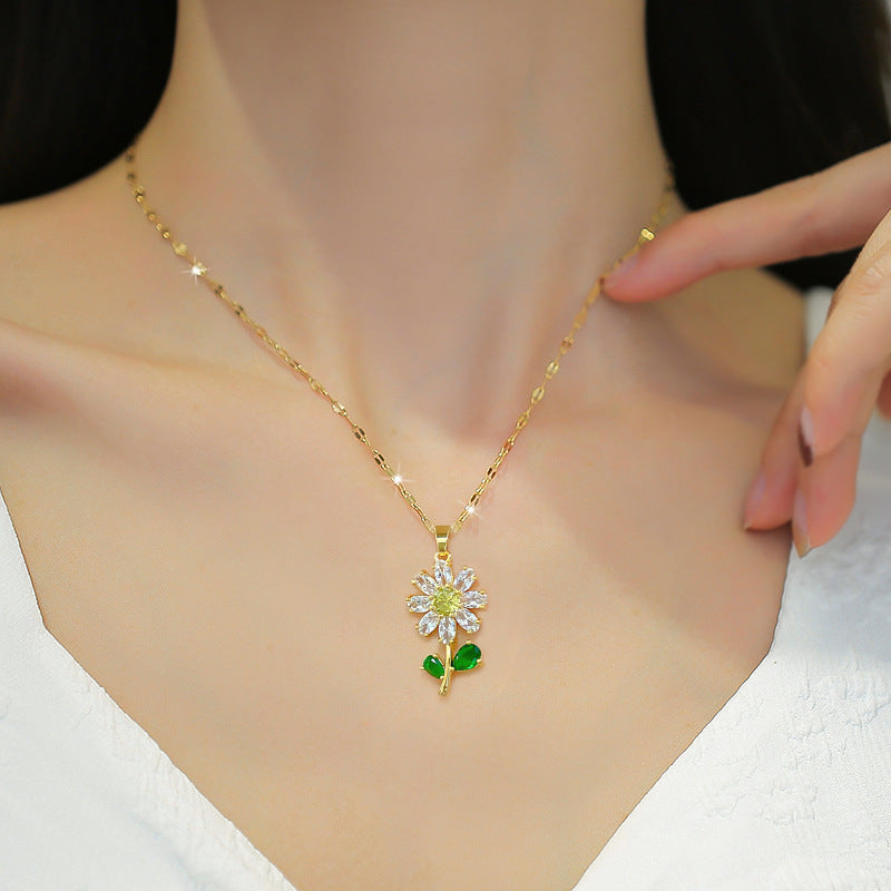 Titanium Steel Zircon Flower Necklace for Women