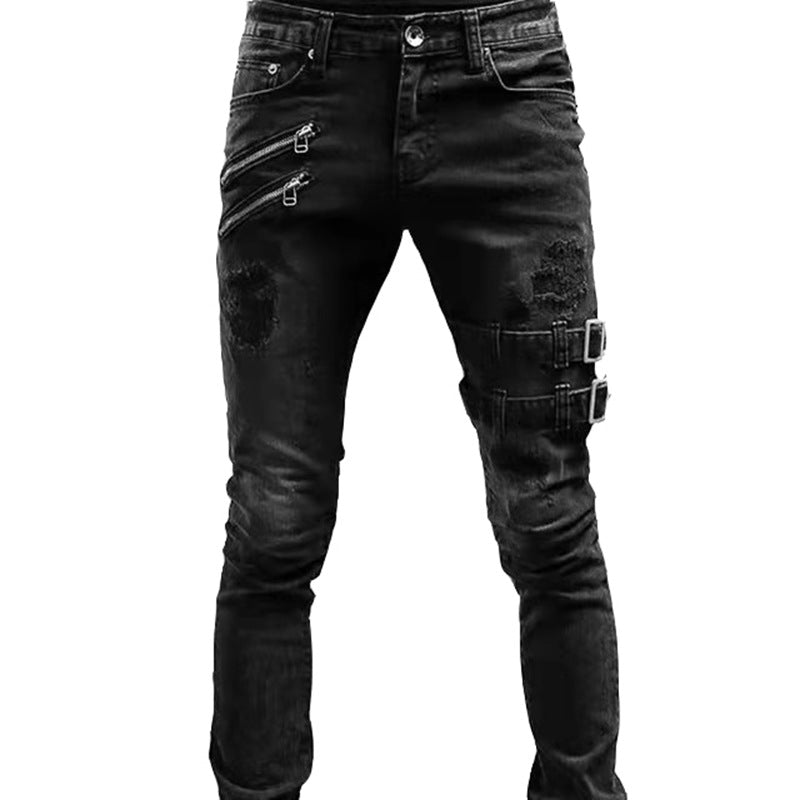Men’s Trendy Ripped Motorcycle Jeans – Cotton Mid-Waist Tight-Fit Denim in Black, Dark Blue & Gray, S–3XL