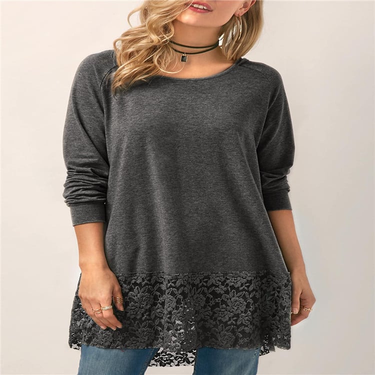 Women’s Hooded Long Sleeve Lace T-Shirt – Casual Lace Stitching Top