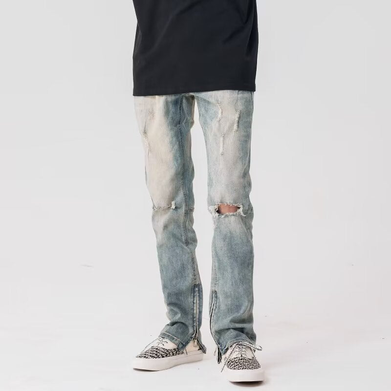 Straight-Leg Vintage Washed Zipper Jeans – Non-Stretch Long Denim Pants, Sizes 30–36
