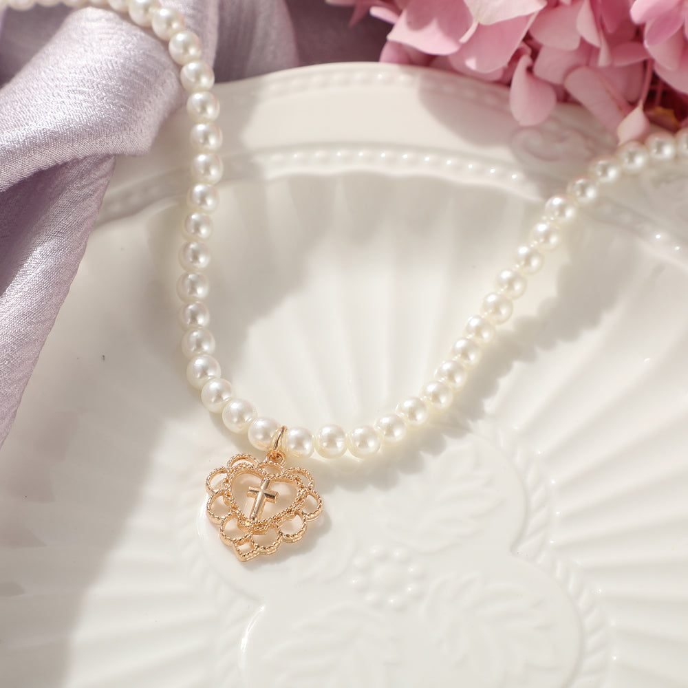 Retro Women's Heart Cross Pendant Pearl Choker Necklace