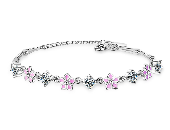 Women’s Cherry Blossom Bracelet – Silver Platinum-Plated Floral Jewelry