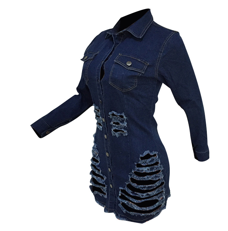 Women’s Distressed Navy Blue Denim Dress – Soft Breathable Cotton Casual Dress, S–XXL