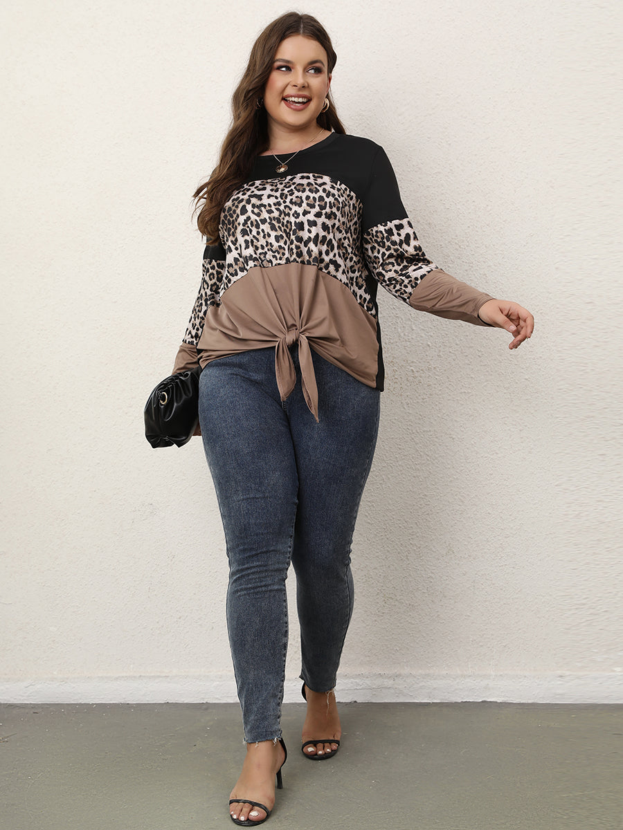 Plus Size Leopard Color Block Bow Tie T-shirt for Women