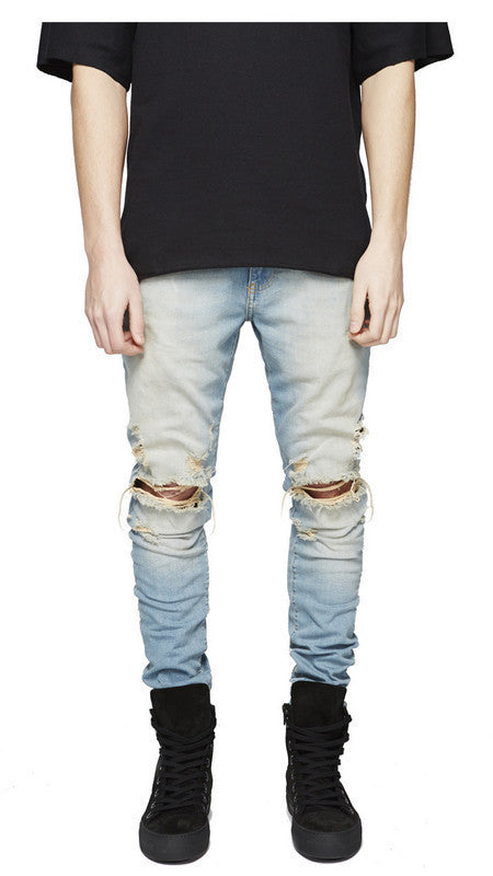 Men’s Street Knee Skinny Jeans – Cotton Stretch Mid-Waist Ripped Denim in Black & Blue, Sizes 28–38